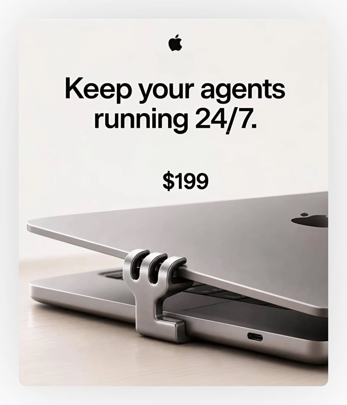 A mock advertisement for a clip that holds a laptop lid open, headlined “Keep your agents running 24/7”