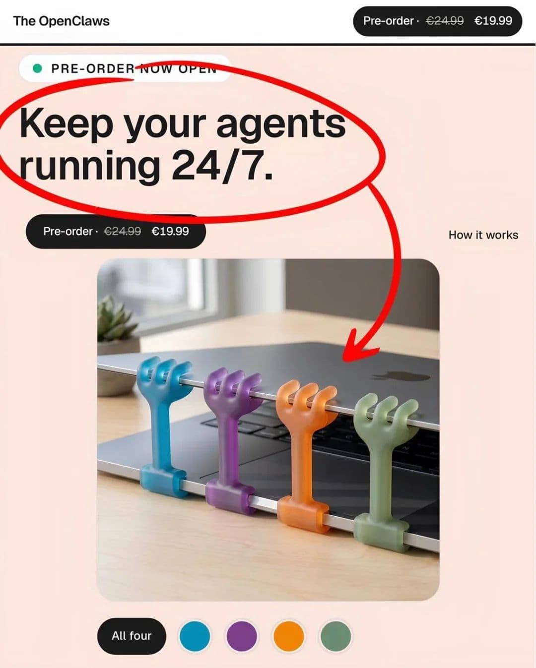 A pre-order page for plastic claws that hold a laptop lid open, headlined “Keep your agents running 24/7”